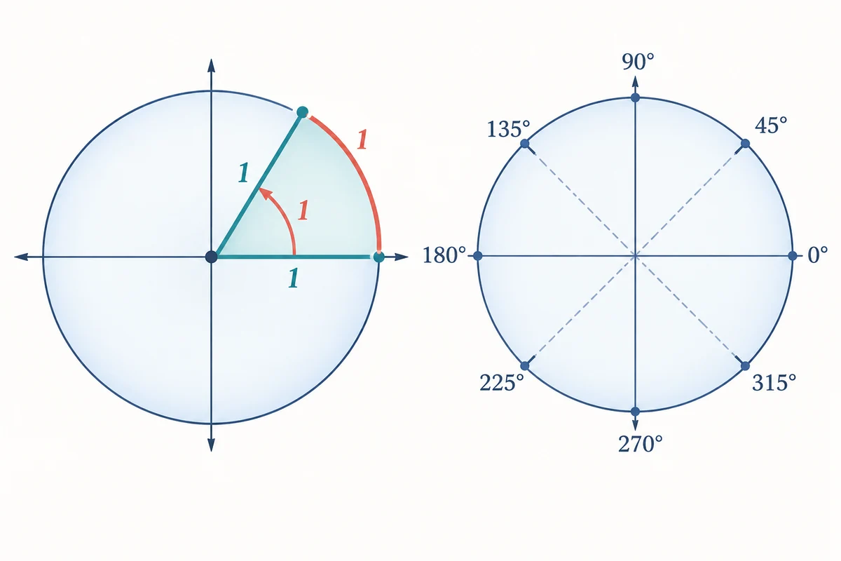 각도 도·라디안 변환기 공식 관계도: 라디안 = 도 × π/180, 도 = 라디안 × 180/π
