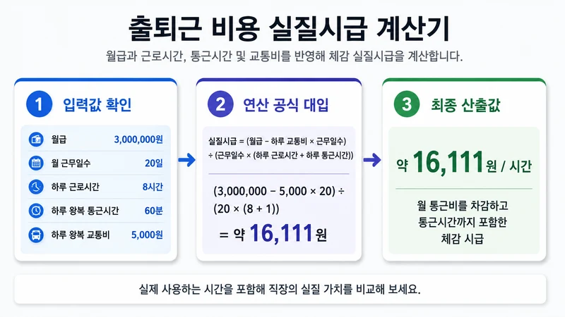 출퇴근 비용 실질시급 계산기 계산 방법 및 공식