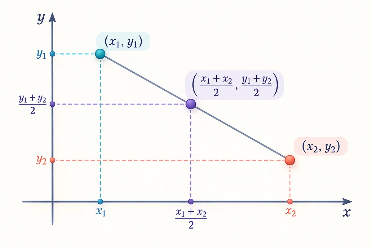 좌표 중점 계산기 공식 관계도: M = ((x₁+x₂)/2, (y₁+y₂)/2)