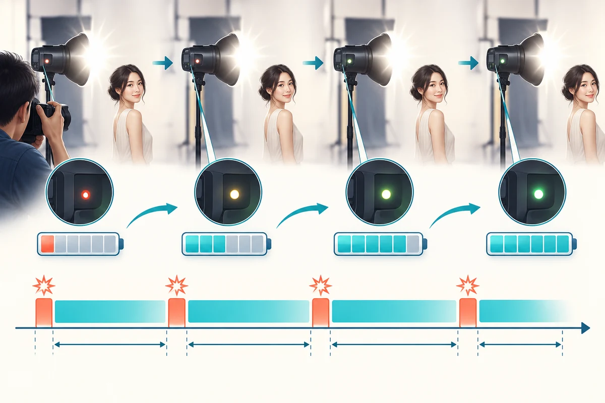플래시 연속 촬영 재충전 시간 계산기의 입력 변수와 계산 원리를 구체적인 장면으로 보여주는 설명 그림