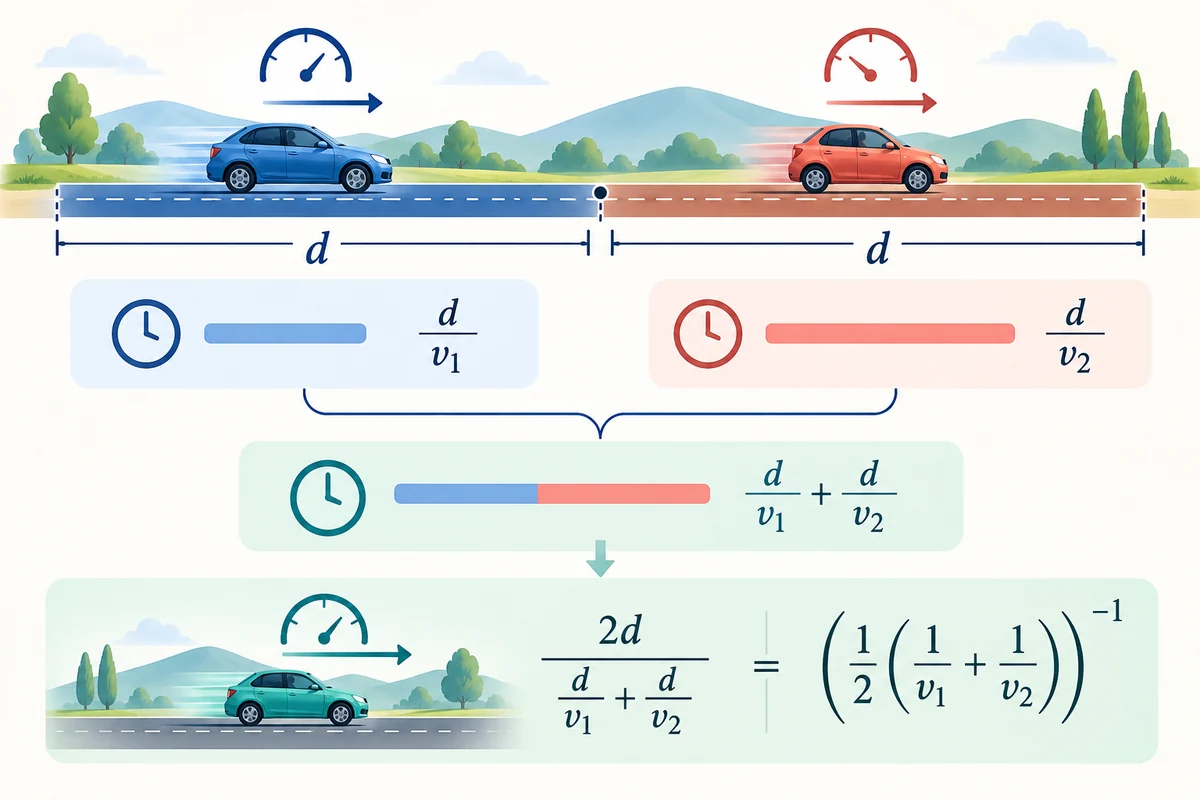 조화평균 계산기 공식 관계도: 조화평균 = n ÷ (1/x₁ + 1/x₂ + … + 1/xₙ)
