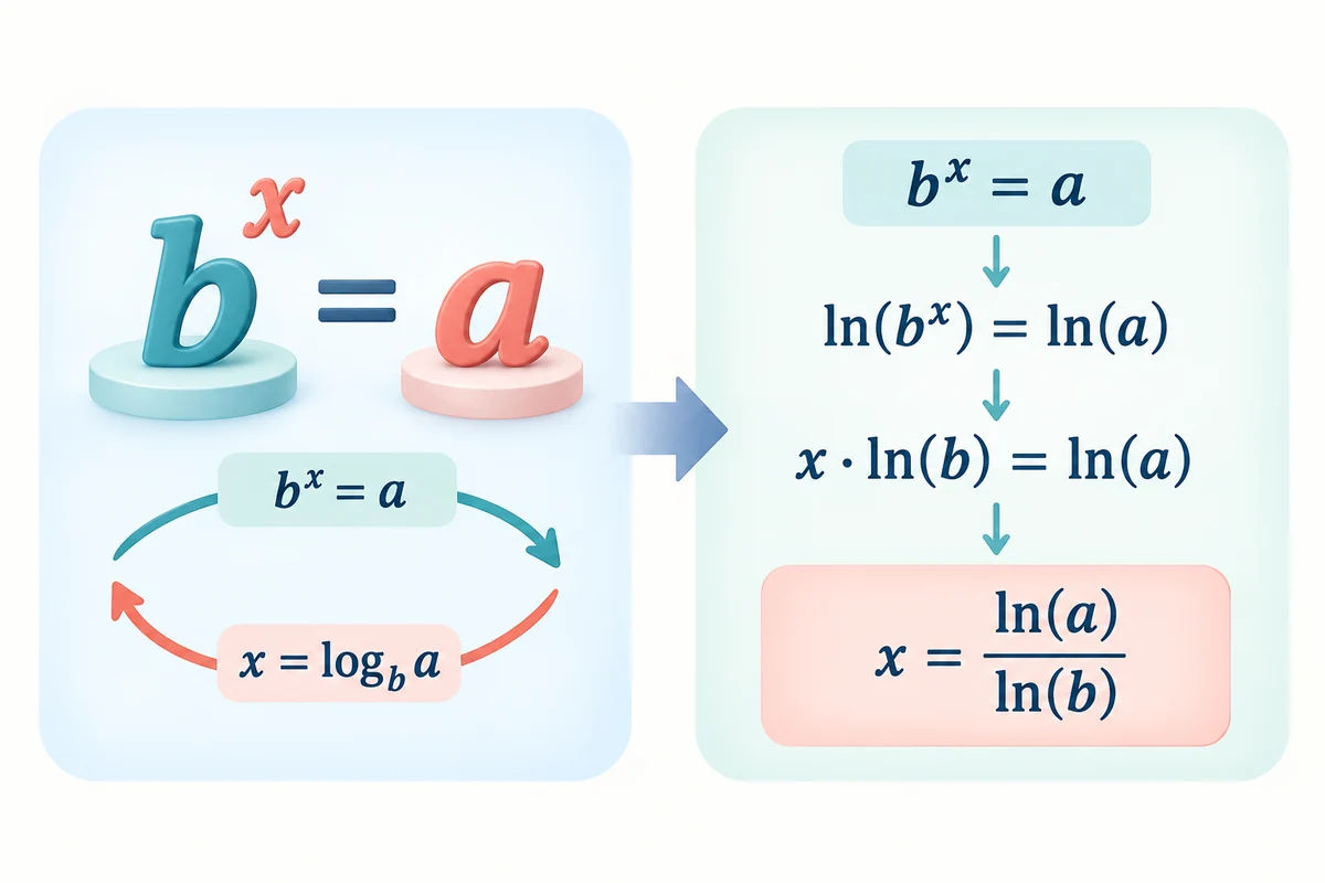 로그 밑 변환 계산기 공식 관계도: log_b(x) = log_a(x) × ln(a)/ln(b)