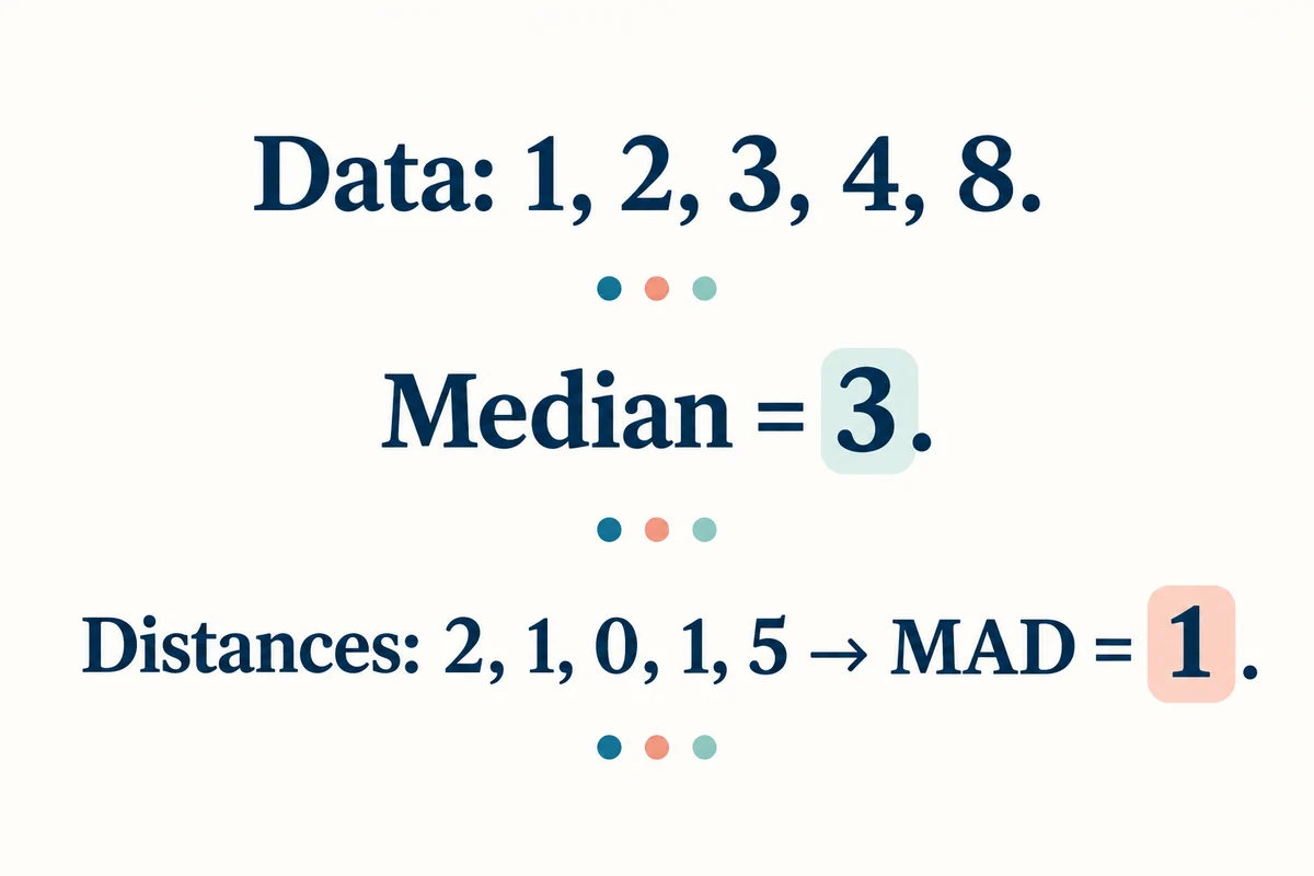 중앙절대편차 계산기 공식 관계도: MAD = median(|xᵢ − median(x)|)