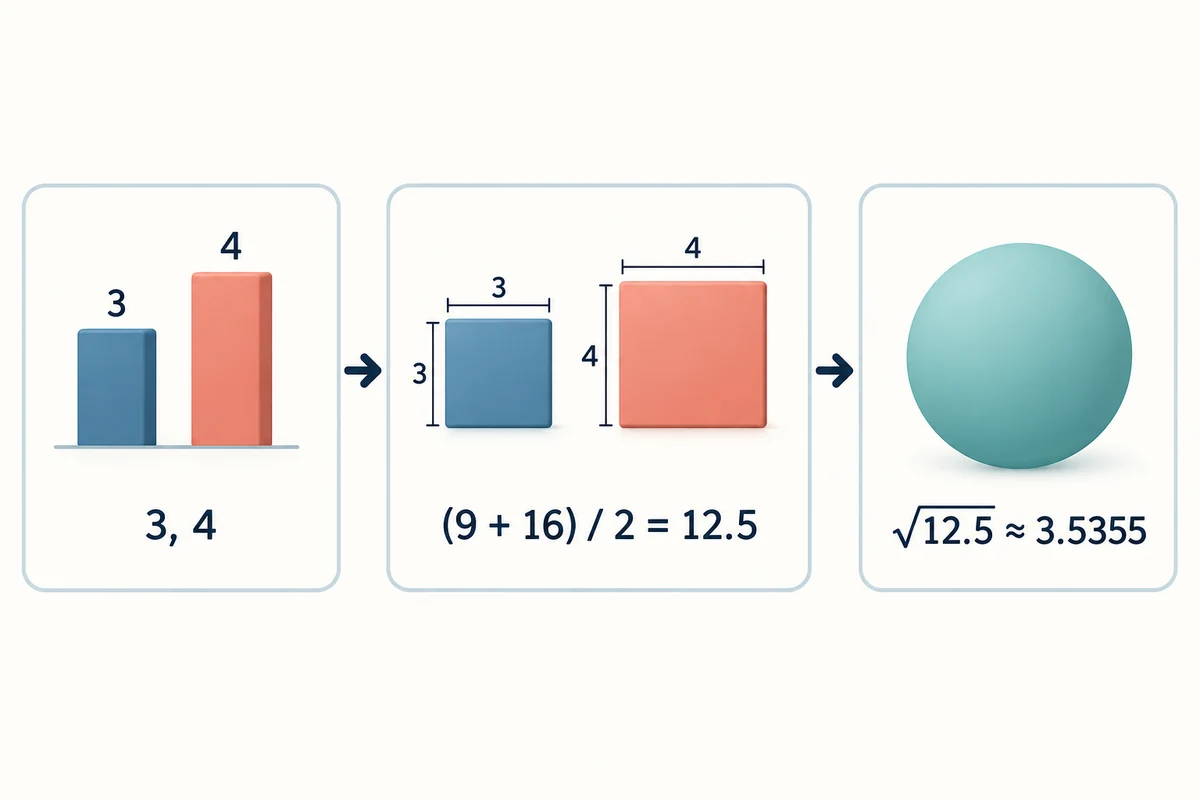 제곱평균제곱근(RMS) 계산기 공식 관계도: RMS = √((x₁² + x₂² + … + xₙ²) ÷ n)