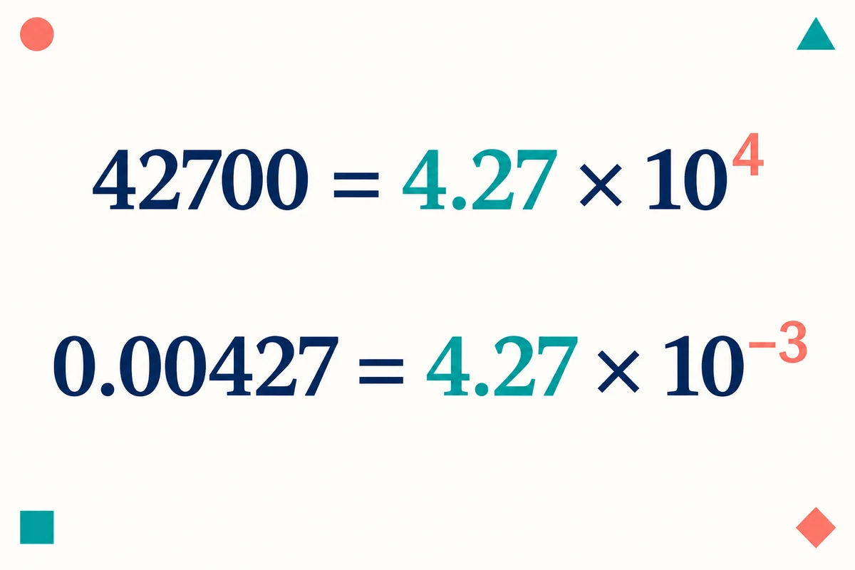 과학적 표기법 변환기 공식 관계도: x = m × 10ᵉ, 1 ≤ |m| < 10