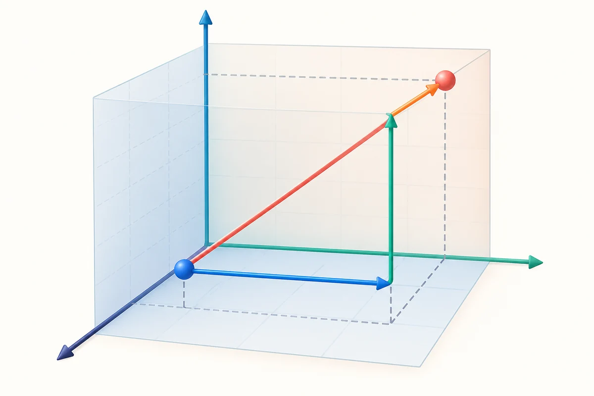 3차원 두 점 거리 계산기 공식 관계도: d = √((x₂−x₁)² + (y₂−y₁)² + (z₂−z₁)²)