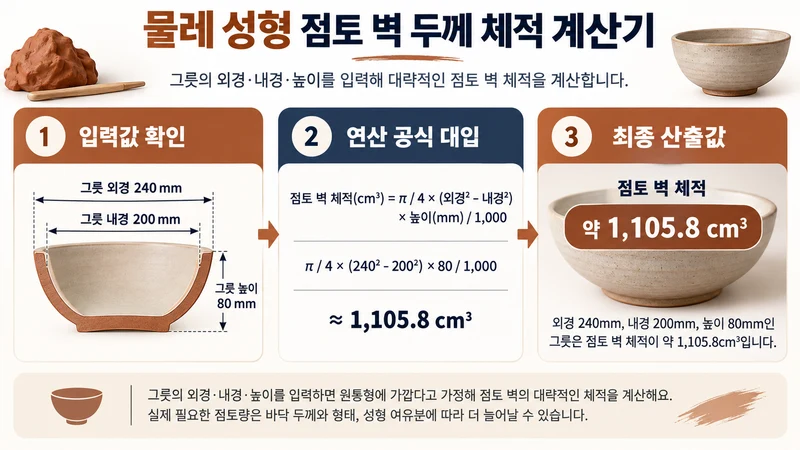 물레 성형 점토 벽 두께 체적 계산기 계산 방법 및 공식